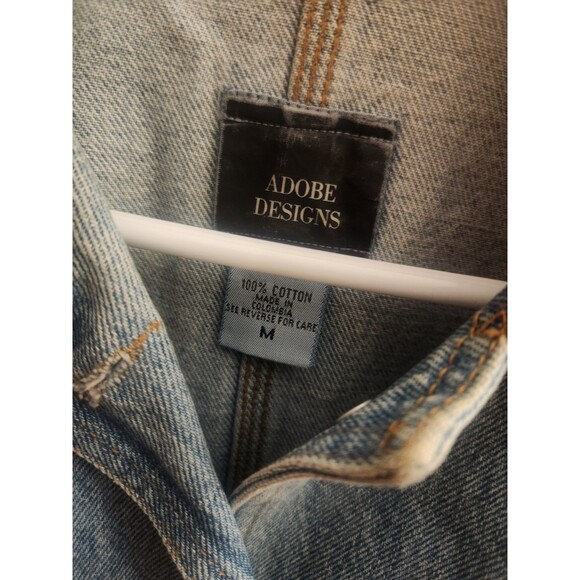 Vintage Adobe Designs Denim Jean Jacket Artsy Turtle Fish Rust Collared Size M - Picture 2 of 10